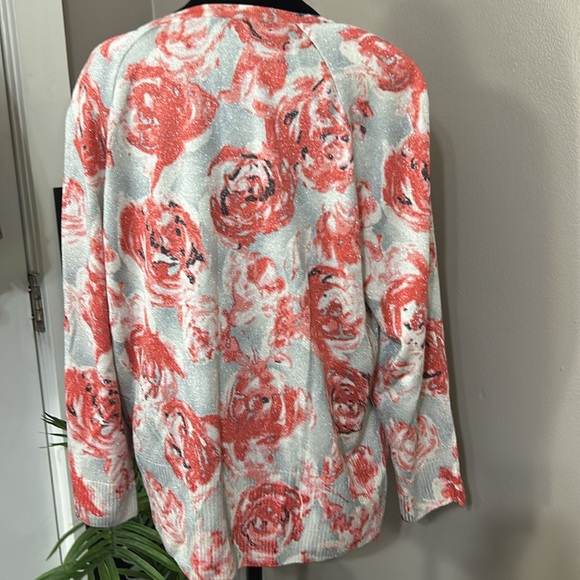 ST JOHN pink and silver rose print button down cardigan wool lurex Women’s XL - Picture 6 of 14